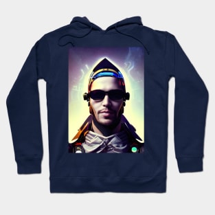 Portrait of a futuristic man with glasses. Hoodie